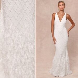 LULUS Bridal Wedding Elegant Sophisticated STUNNING Beaded Sequin Feathers Gown